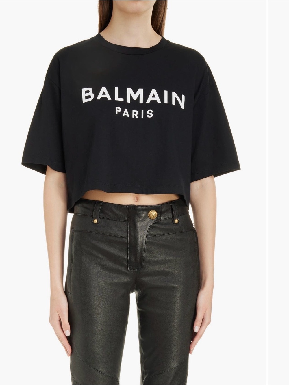 Balmain Black Cropped Logo Tee with White Print